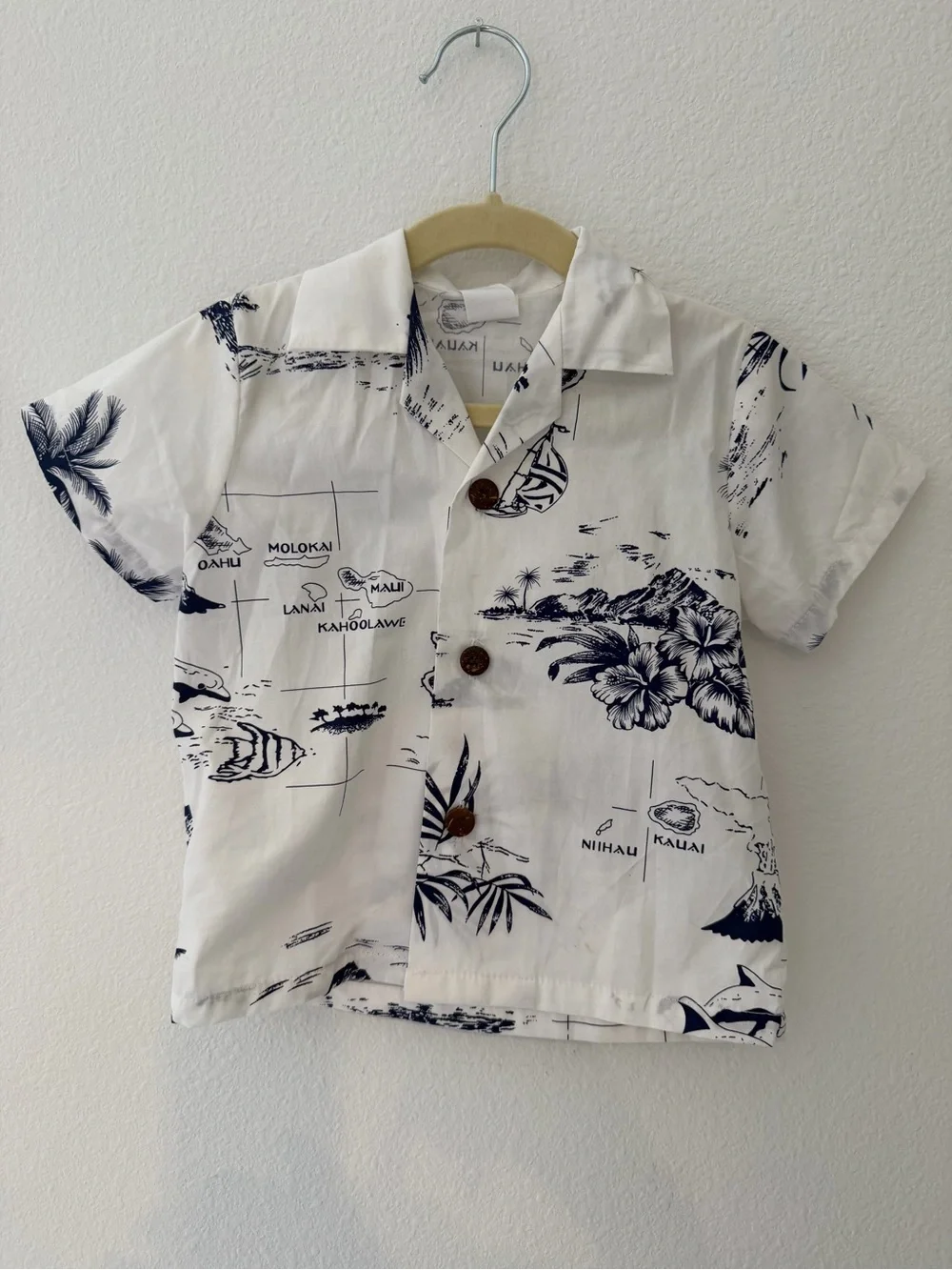 Boys White & Navy Hawaiian Island Print Button-Down Shirt with shorts